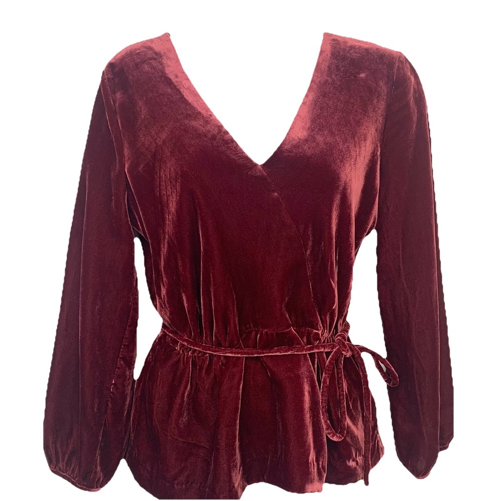 J Crew Burgendy Velvet Blouse Top Woman Sz 4 Long Sleeve V Neck Waist Tie Lined